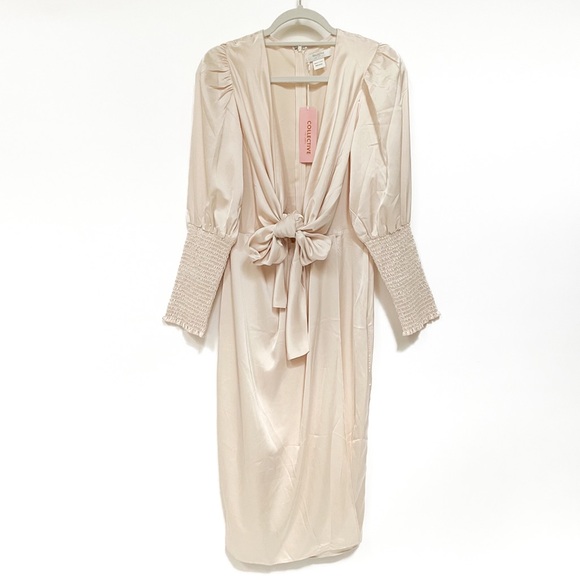 Plunge Tie Front Long Sleeve Midi Dress - Picture 3 of 9